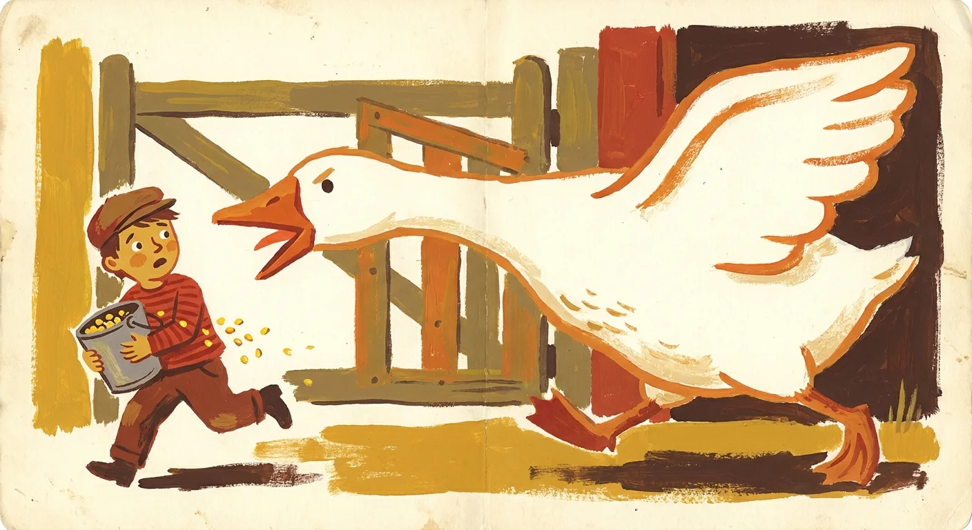 A boldly illustrated goose and a small boy