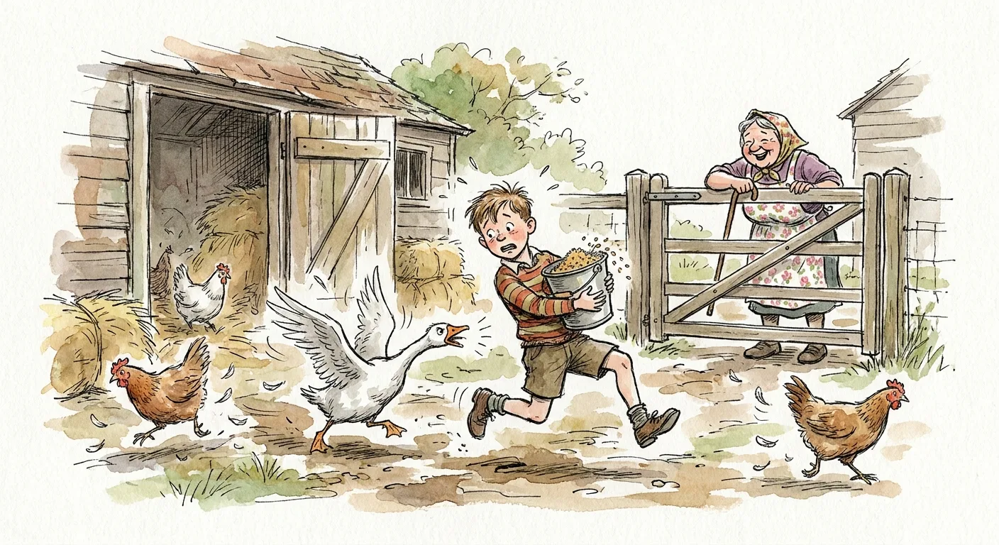 A boy spills corn as a goose chases him