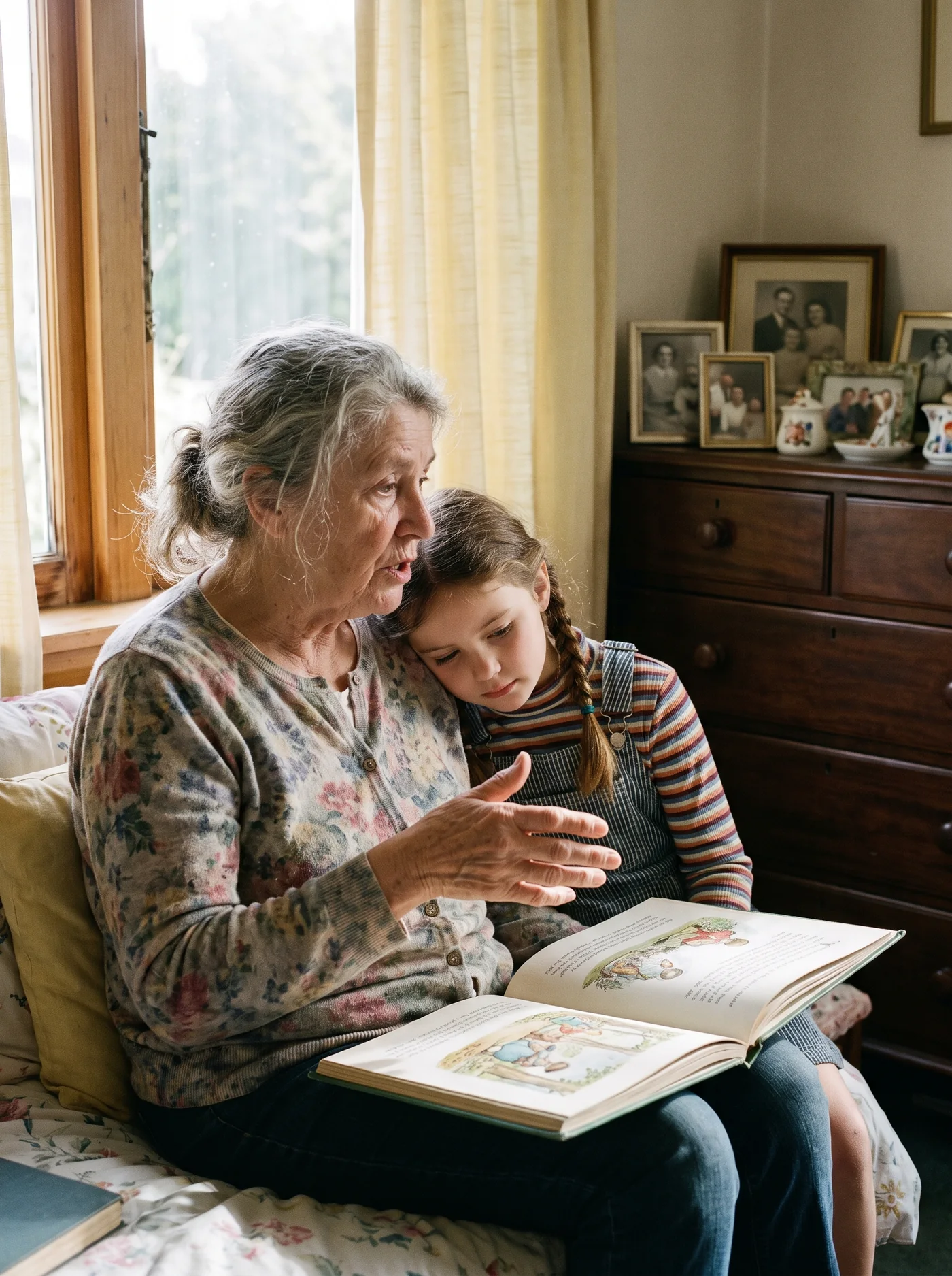 A grandmother and child reading together by the window